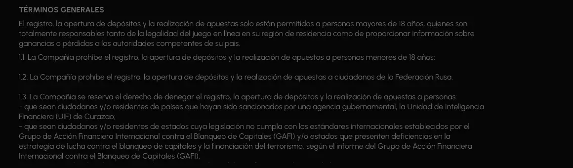 Primeras cláusulas generales del contrato de la plataforma, con las condiciones de registro y las restricciones por país