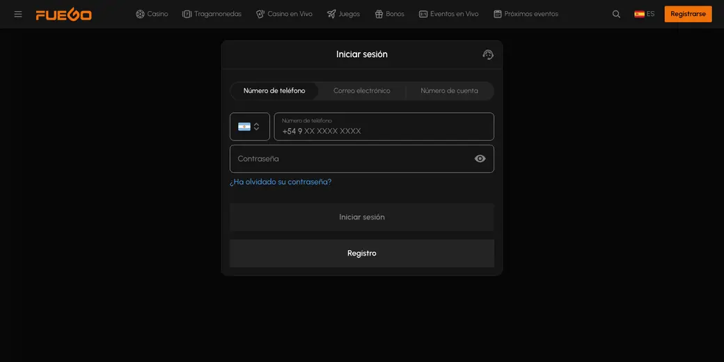 Pantalla de acceso de la plataforma con las pestañas de teléfono, correo y número de cuenta