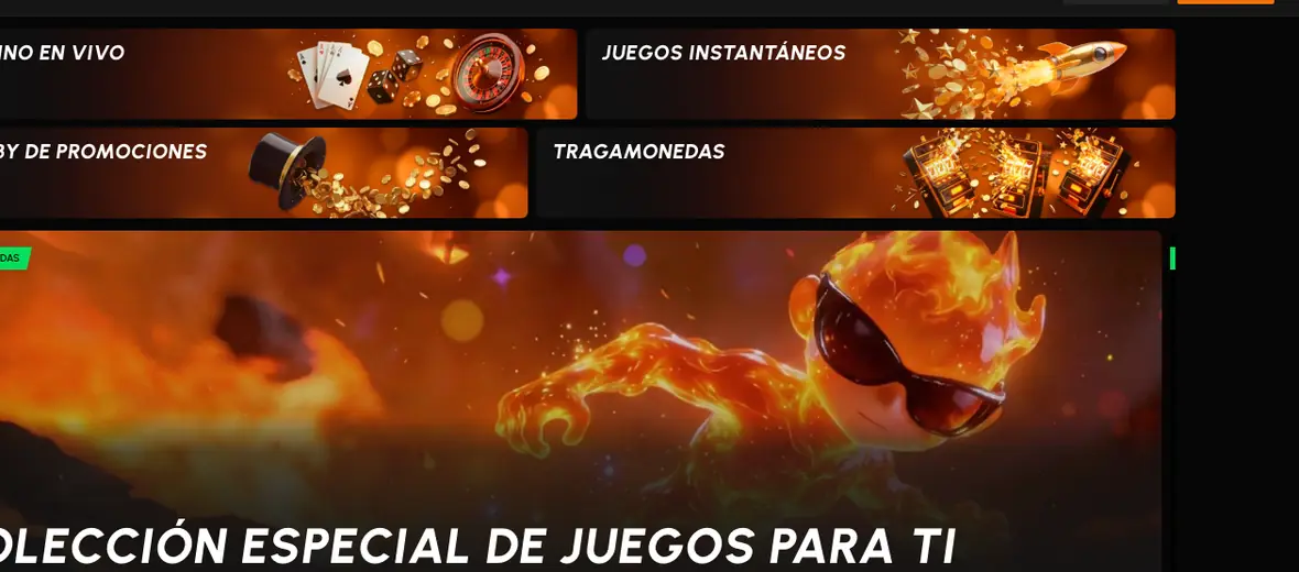 Salón de juegos de la plataforma con las categorías, el banner de la oferta y las primeras filas de títulos